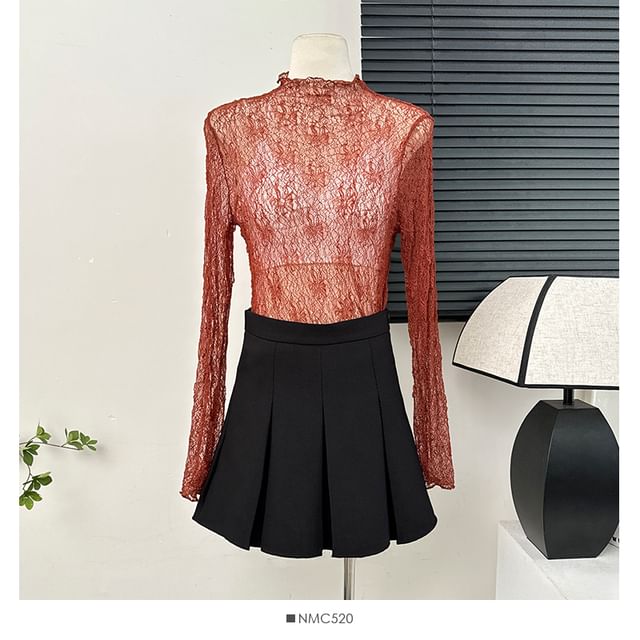 Sheer Mock Neck Lace Blouse