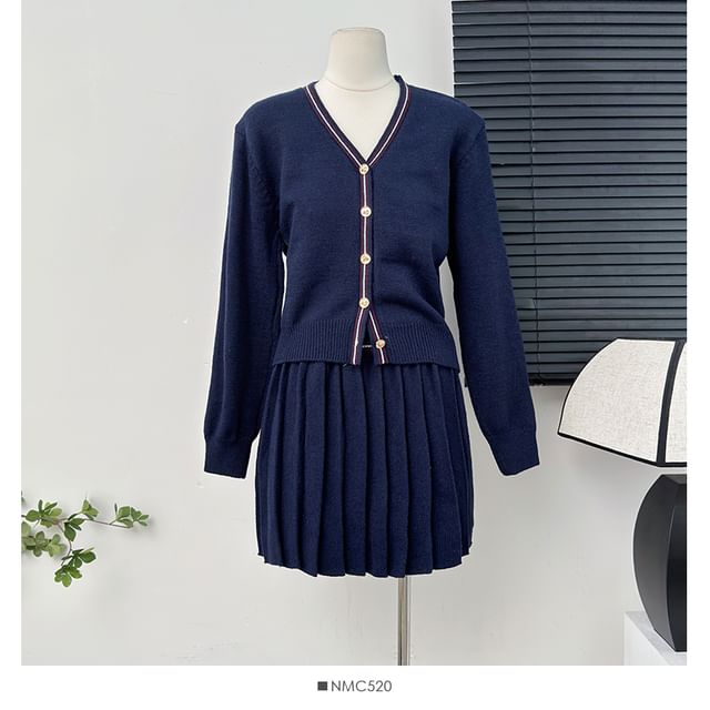 Set Striped V-Neck Crop Cardigan with Pleated A-Line Skirt