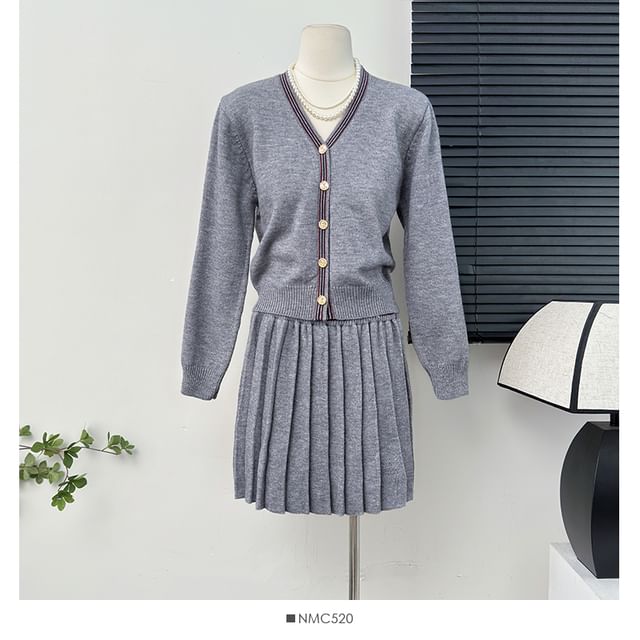 Set Striped V-Neck Crop Cardigan with Pleated A-Line Skirt