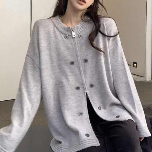 Plain Crew Neck Zip-Up Cardigan