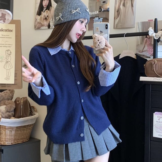 Mock Two Piece Plaid Collared Cardigan