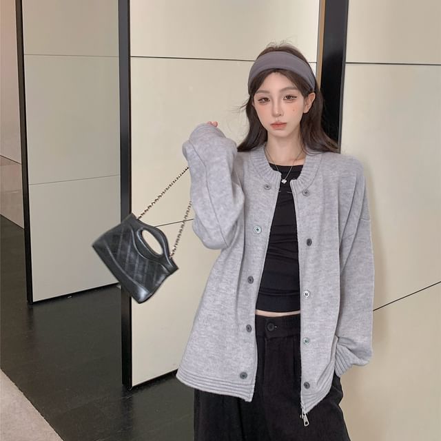 Plain Crew Neck Zip-Up Cardigan