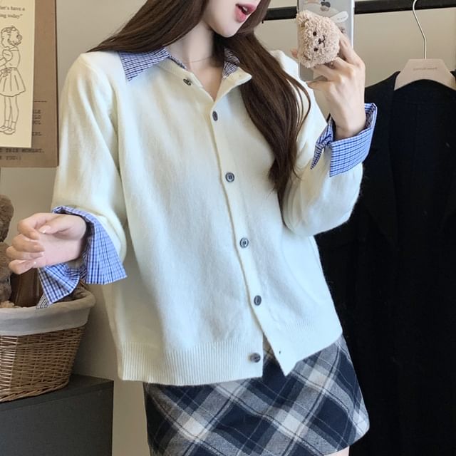 Mock Two Piece Plaid Collared Cardigan
