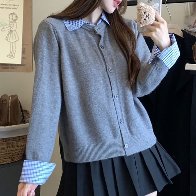Mock Two Piece Plaid Collared Cardigan