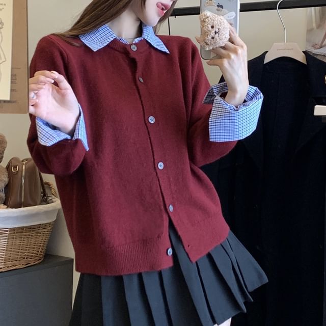 Mock Two Piece Plaid Collared Cardigan