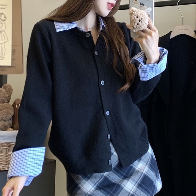 Mock Two Piece Plaid Collared Cardigan