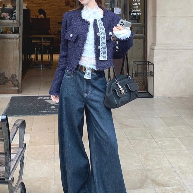 Boatneck Lace Tee with Tweed Jacket and Wide-Leg Jeans