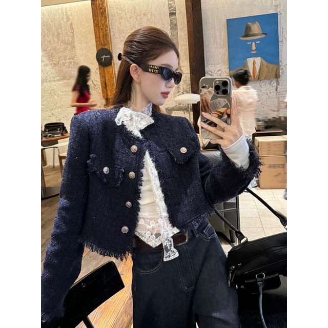 Boatneck Lace Tee with Tweed Jacket and Wide-Leg Jeans