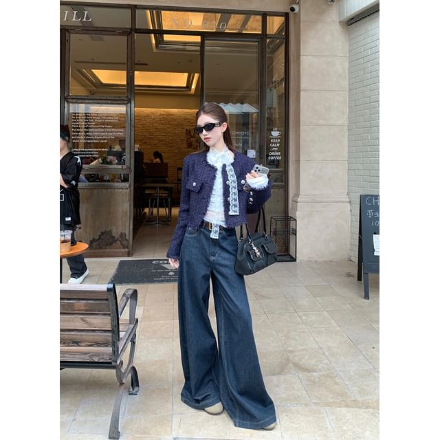 Boatneck Lace Tee with Tweed Jacket and Wide-Leg Jeans