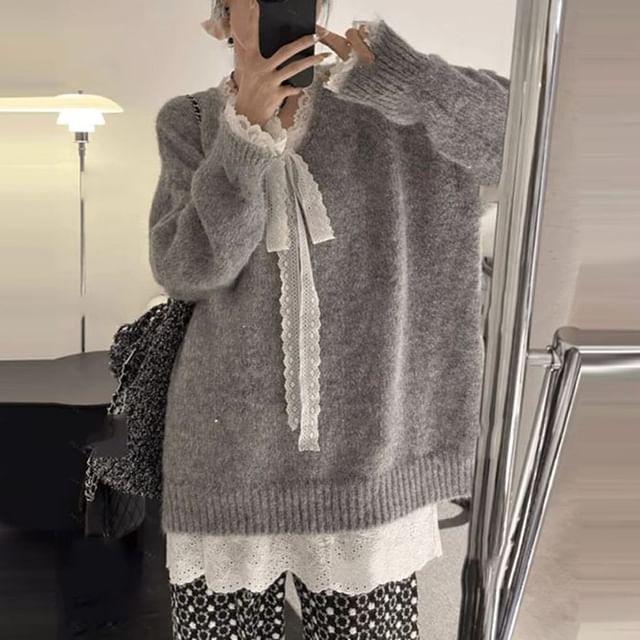 Mock Two-Piece Lace Panel V-Neck Sweater