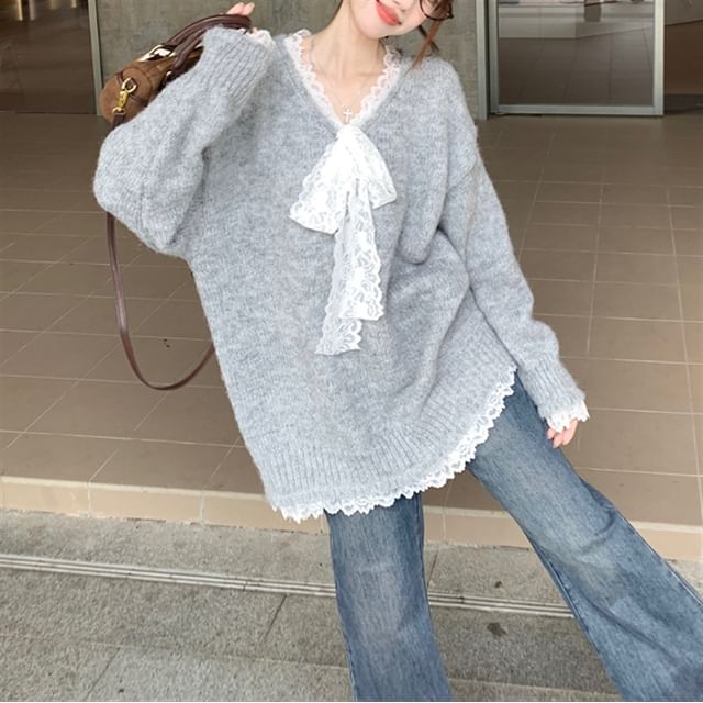 Mock Two-Piece Lace Panel V-Neck Sweater