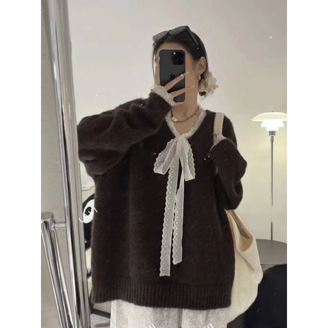 Mock Two-Piece Lace Panel V-Neck Sweater