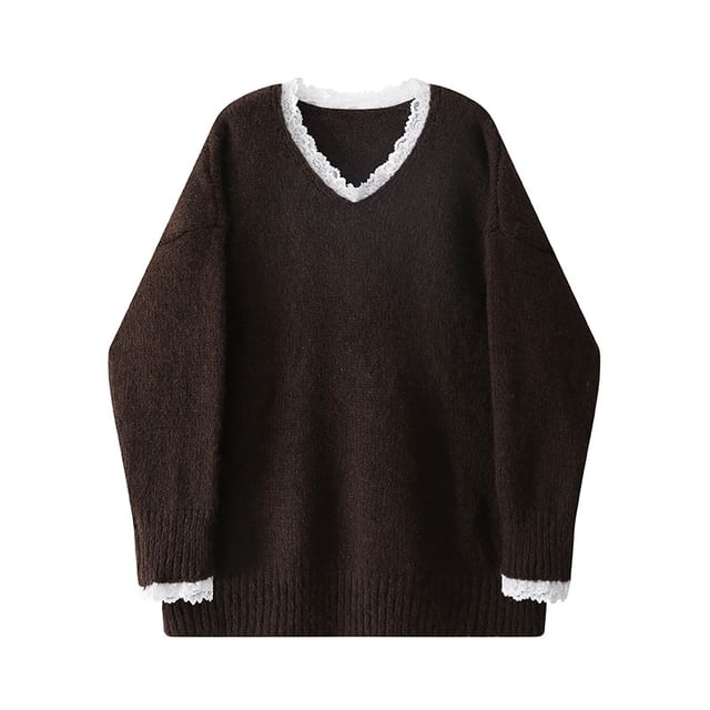 Mock Two-Piece Lace Panel V-Neck Sweater
