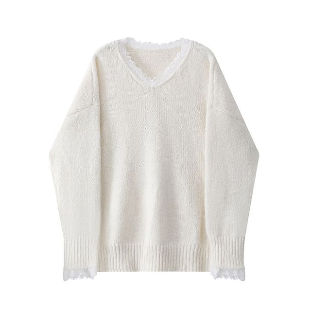 Mock Two-Piece Lace Panel V-Neck Sweater