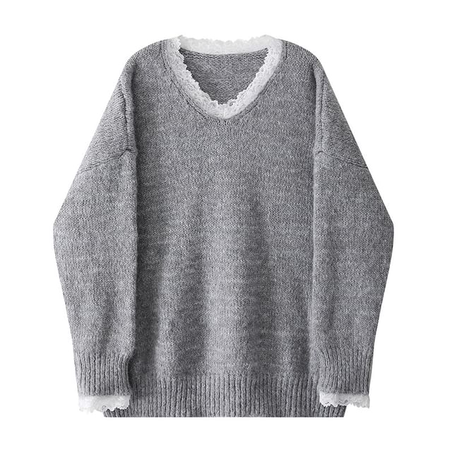 Mock Two-Piece Lace Panel V-Neck Sweater