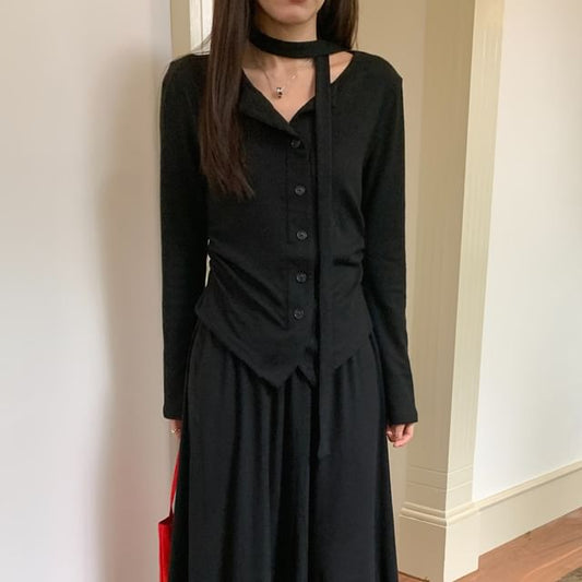 Set: Crew Neck Basic Button Cardigan + Maxi Skirt