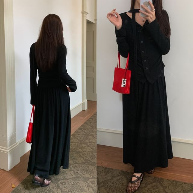 Set: Crew Neck Basic Button Cardigan + Maxi Skirt
