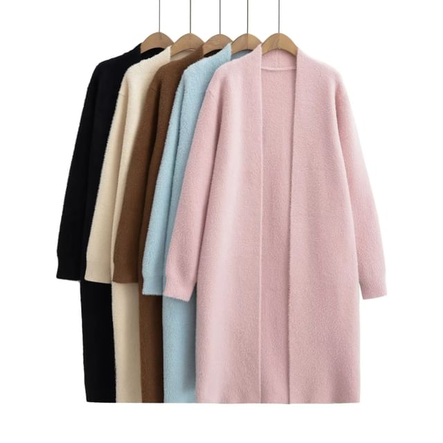 Solid Long Front Open Knit Cardigan