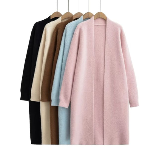 Solid Long Front Open Knit Cardigan