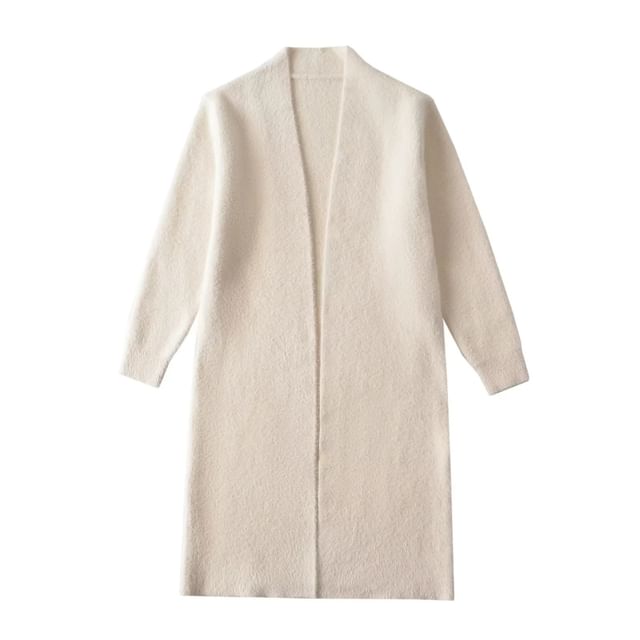 Solid Long Front Open Knit Cardigan