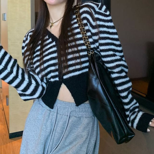 Striped V-Neck Button-Up Slit Crop Cardigan