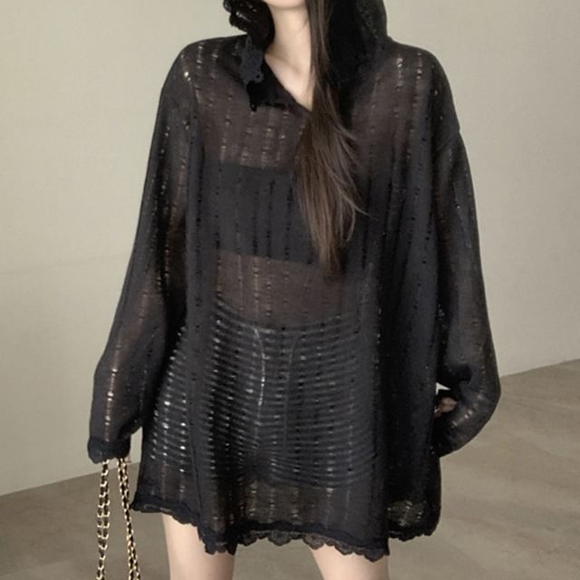 Hooded Perforated Lace Trim Sheer Knit Top