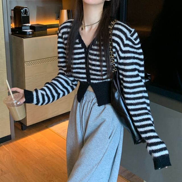 Striped V-Neck Button-Up Slit Crop Cardigan