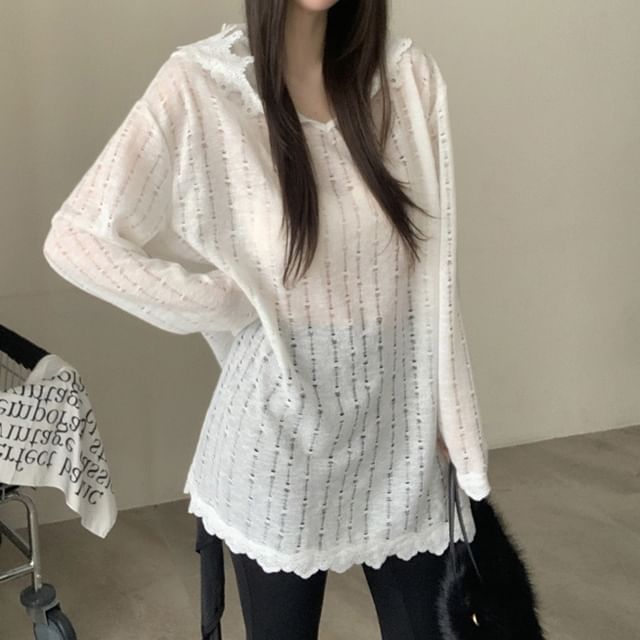 Hooded Perforated Lace Trim Sheer Knit Top