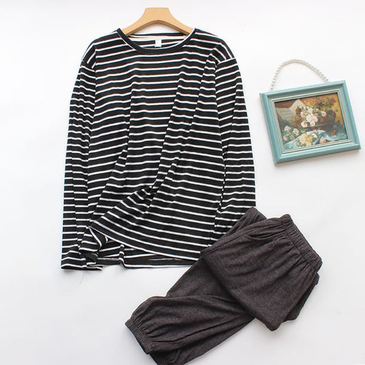 Couple Matching Pajama Set: Long-Sleeve Crew Neck Striped T-Shirt + Pants