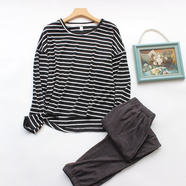 Couple Matching Pajama Set: Long-Sleeve Crew Neck Striped T-Shirt + Pants