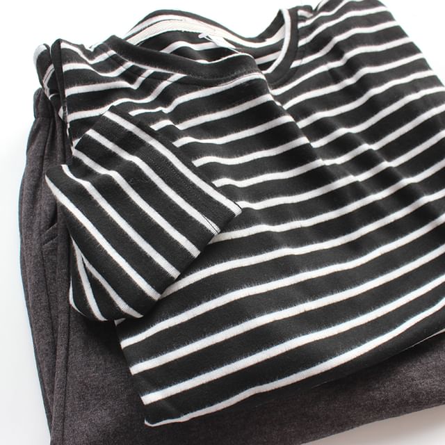 Couple Matching Pajama Set: Long-Sleeve Crew Neck Striped T-Shirt + Pants