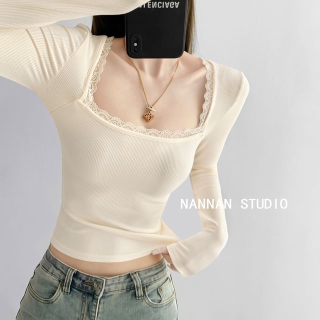 Square Neck Lace-Trimmed Cotton Tee
