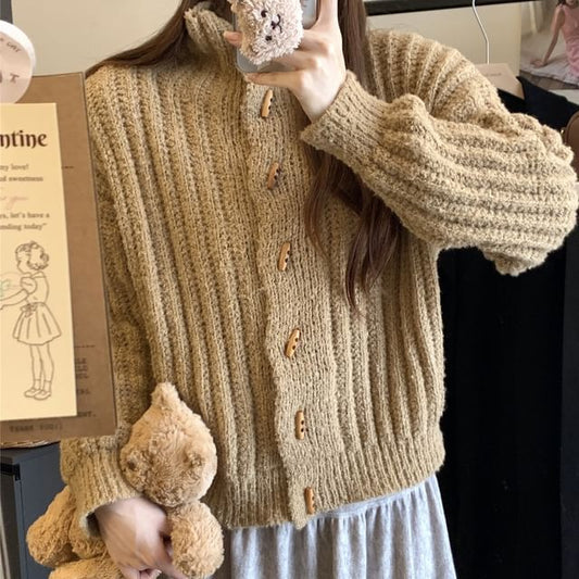 Turtleneck Chunky Knit Plain Cardigan
