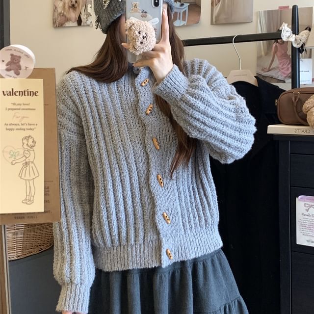 Turtleneck Chunky Knit Plain Cardigan
