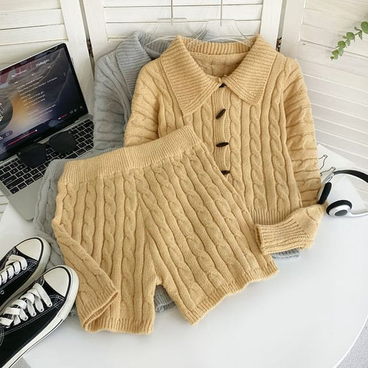 Set Collared Cable Knit Toggle Cardigan with Wide Leg Shorts