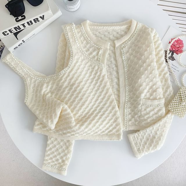 Set Chained Knit Tank Top with Round Neck Crop Cardigan