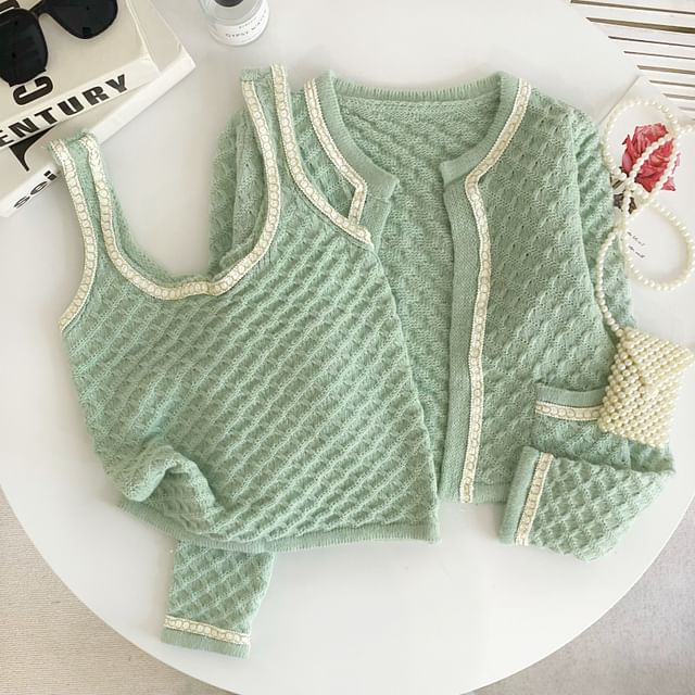 Set Chained Knit Tank Top with Round Neck Crop Cardigan