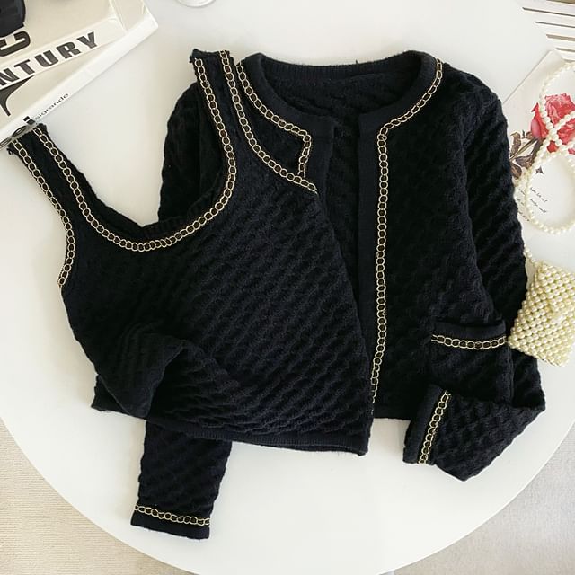 Set Chained Knit Tank Top with Round Neck Crop Cardigan