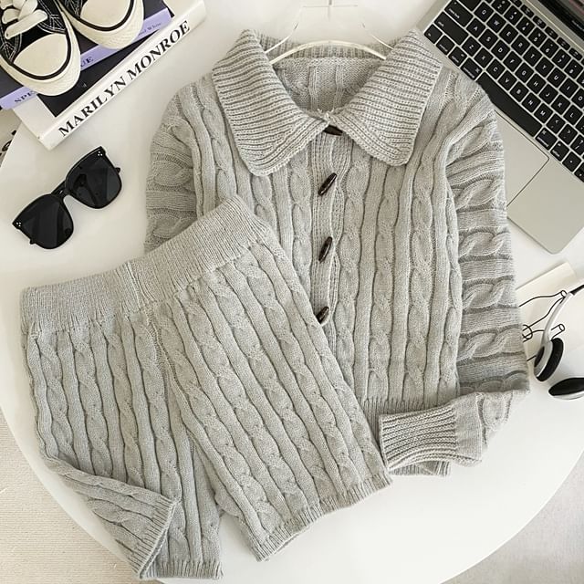 Set Collared Cable Knit Toggle Cardigan with Wide Leg Shorts