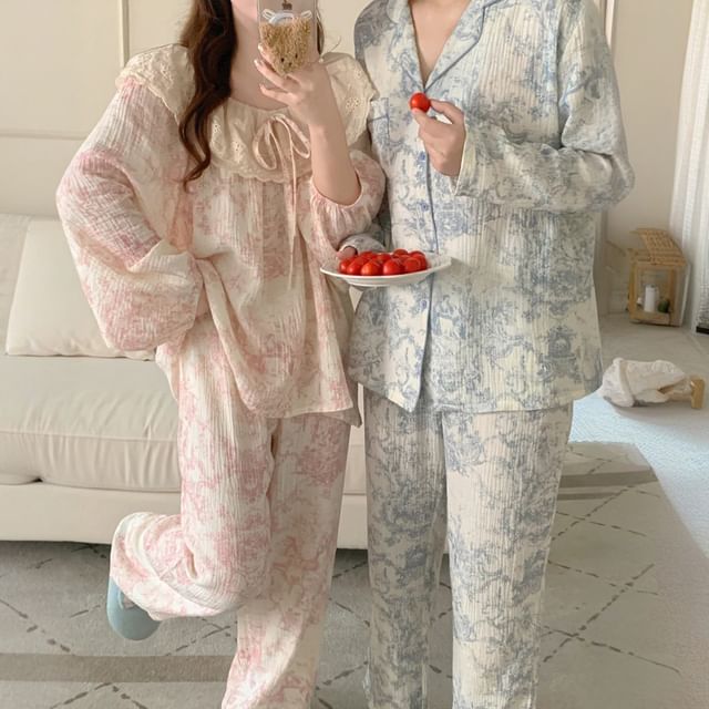 Couple Matching Pajama Set: Long Sleeve Patterned Print Top + Straight Leg Pants (Various Designs)