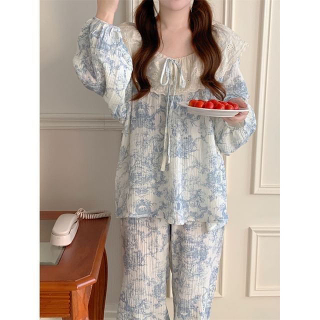 Couple Matching Pajama Set: Long Sleeve Patterned Print Top + Straight Leg Pants (Various Designs)