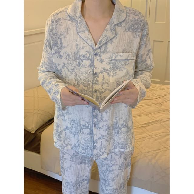Couple Matching Pajama Set: Long Sleeve Patterned Print Top + Straight Leg Pants (Various Designs)