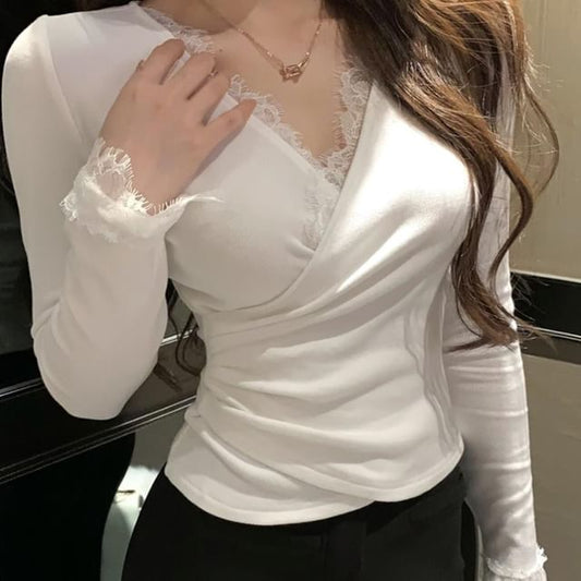 V-Neck Lace Panel Wrap Top with Long Sleeves