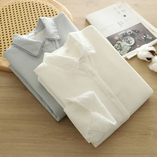 Plain Lace Trim Button-Down Shirt