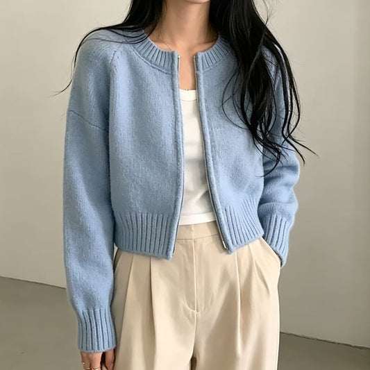 Round Neck Zip Plain Cardigan