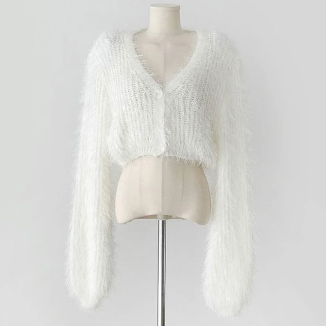 Cropped V-Neck Plain Cardigan