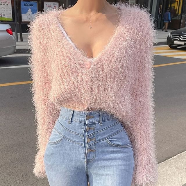 Cropped V-Neck Plain Cardigan