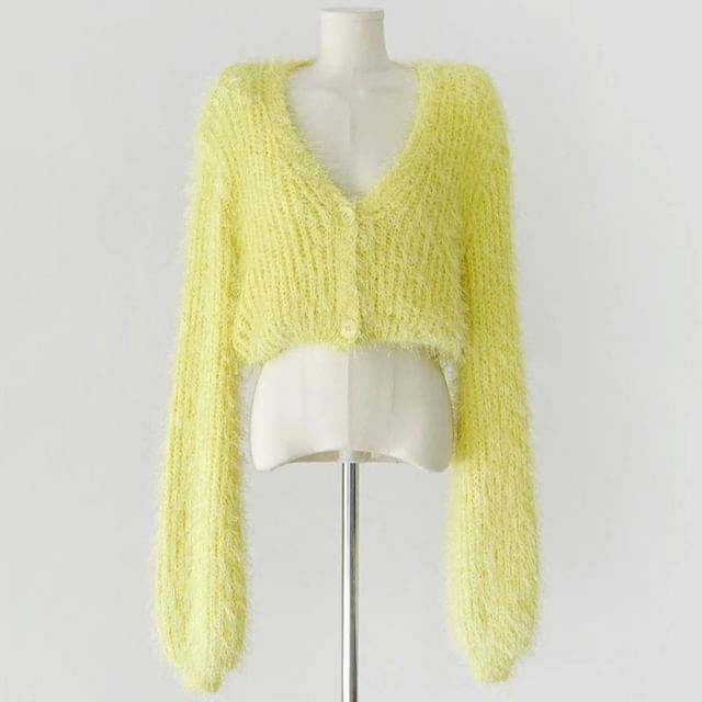 Cropped V-Neck Plain Cardigan