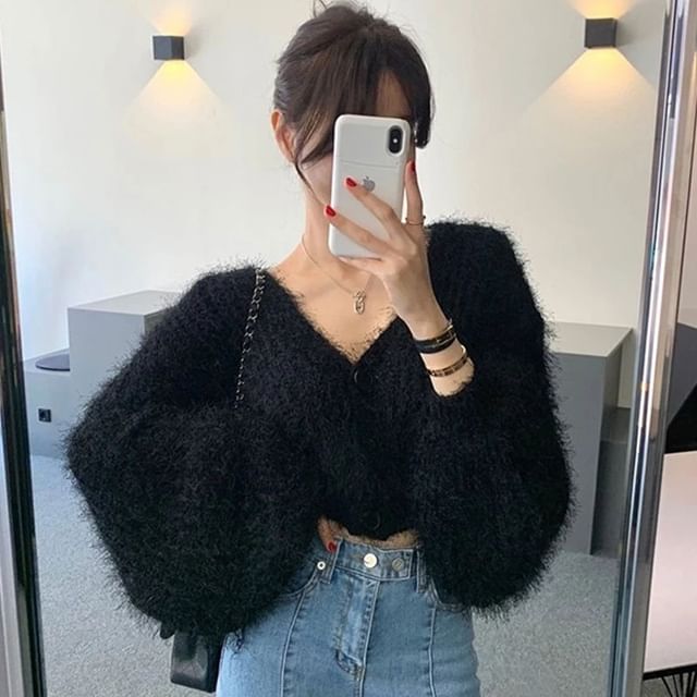 Cropped V-Neck Plain Cardigan