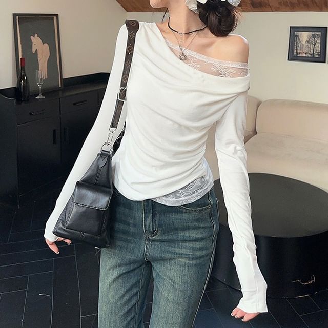 One-Shoulder Asymmetrical Lace Panel Top